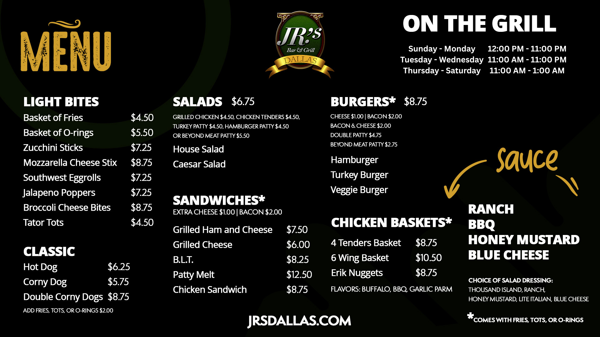 JR's Bar & Grill menu board